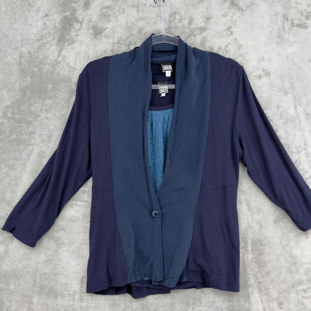 Anni Kuan Cardigan‎ Set Womens Size S Blue Navy Tank Button Office Silk Classic
